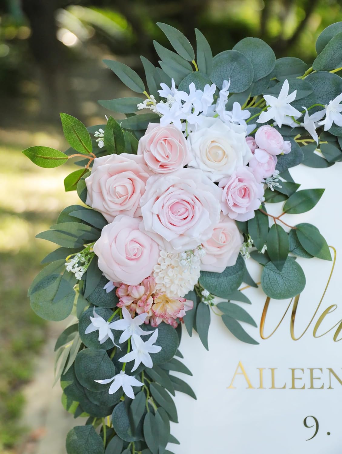 Artificial Pink Wedding Arch Flowers Swag Set of 2 for Welcome Signs, Reception and Ceremony Decorations, Cream Floral Decor, UD-002