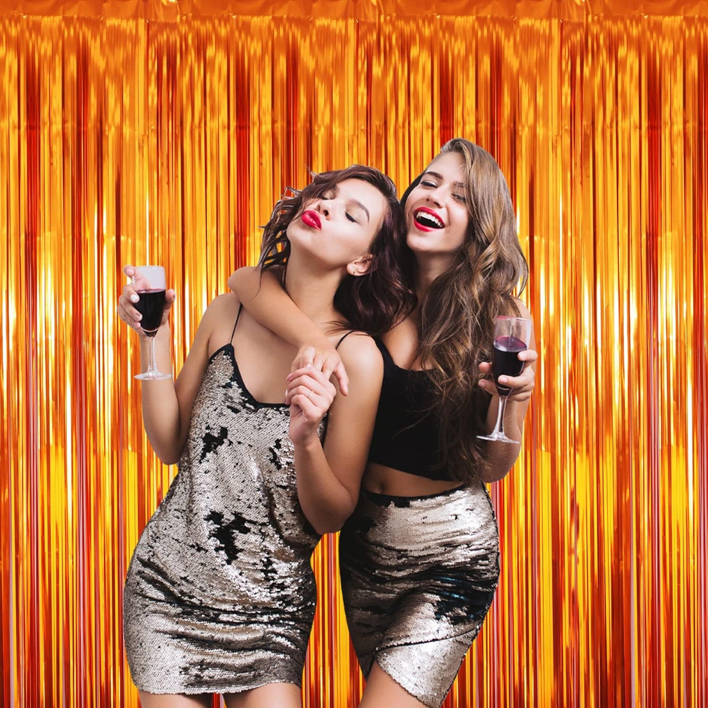 GOER 6.4 ft x 8.2 ft Metallic Tinsel Foil Fringe Curtains,Pack of 2 Party Streamer Backdrop for Birthday,Graduation Decorations and New Year Eve (Orange)