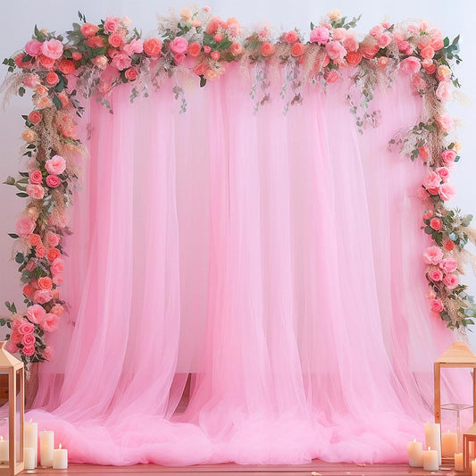 Pink Sheer Backdrop Curtains for Girls Baby Shower Gender Reveal Birthday Party 10ft × 10ft Pink Tulle Backdrop Drapes Panels for Parties Photoshoot Background Decorations 2 Panels 5ft X 10 ft