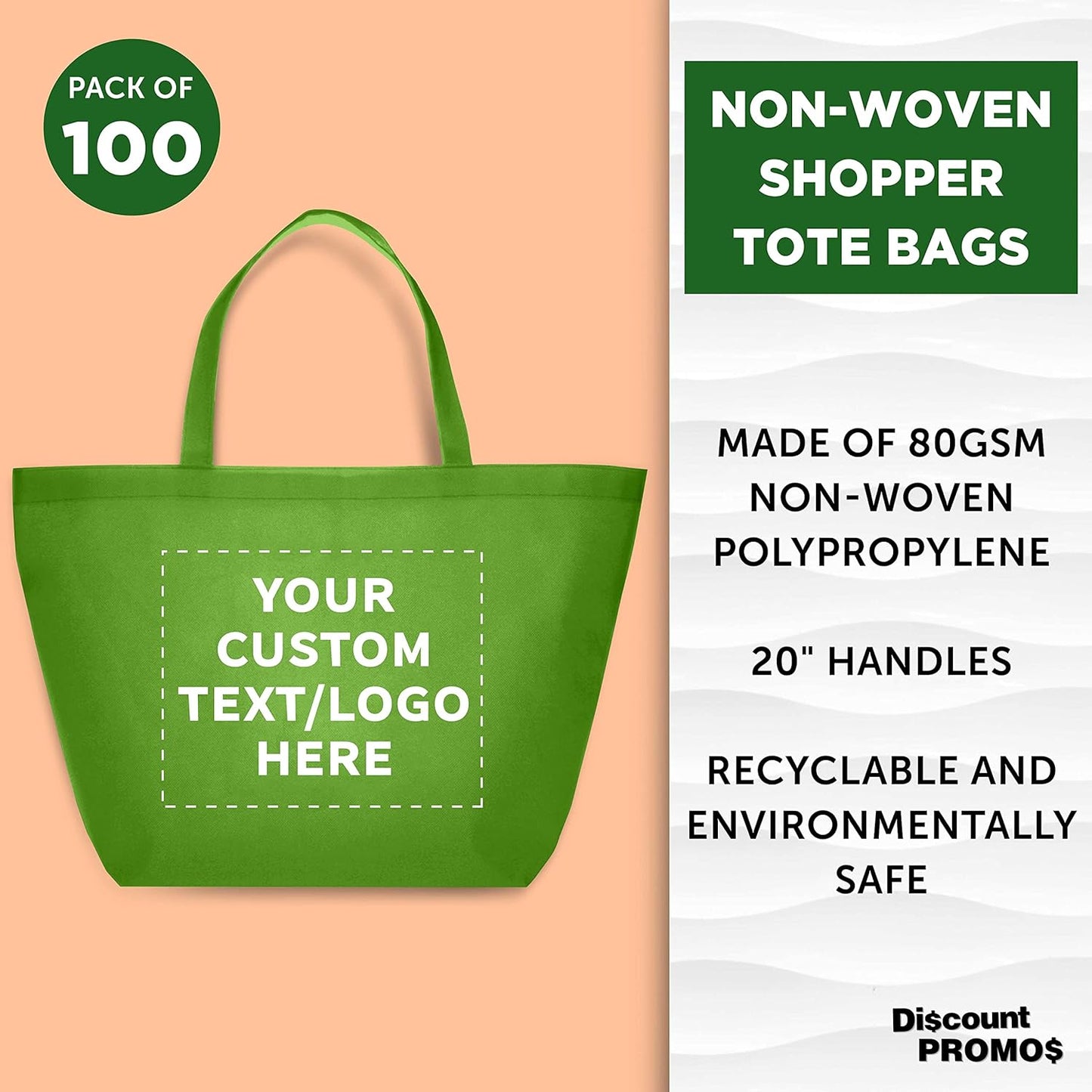 DISCOUNT PROMOS Custom Southern Style Grocery Tote Bags Set of 100 - Personalized Bulk Pack, Reusable Grocery & Shopping Bags - For Travel, Business Promotions - Lime Green - 20"X13"X8"