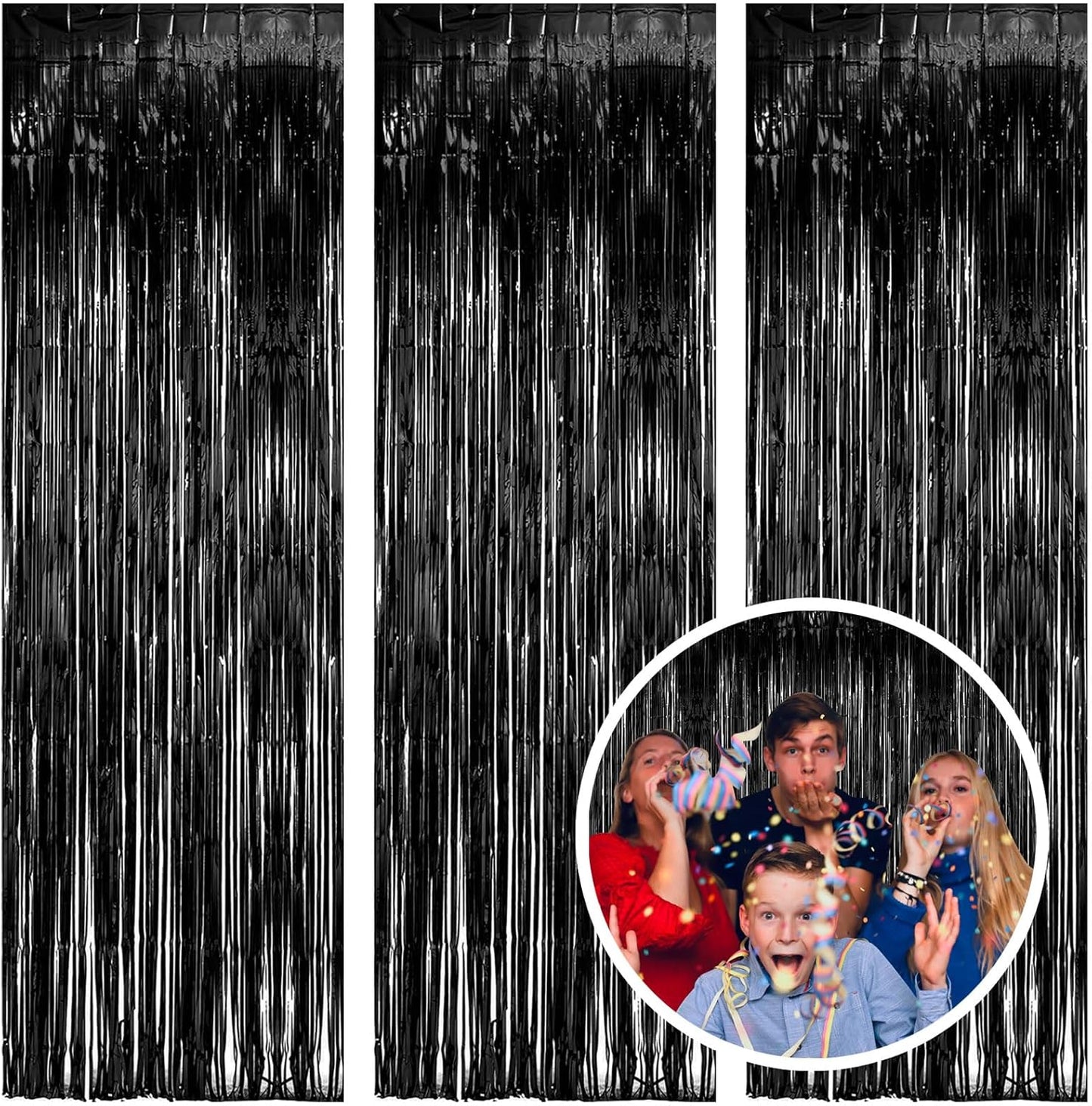 3 Pack Black Fringe Backdrop Streamers Halloween Party Decorations Black Tinsel Foil Curtains Photo Booth Backdrop Birthday Wednesday Twilight Graduation Wizard Party Decorations Supplies