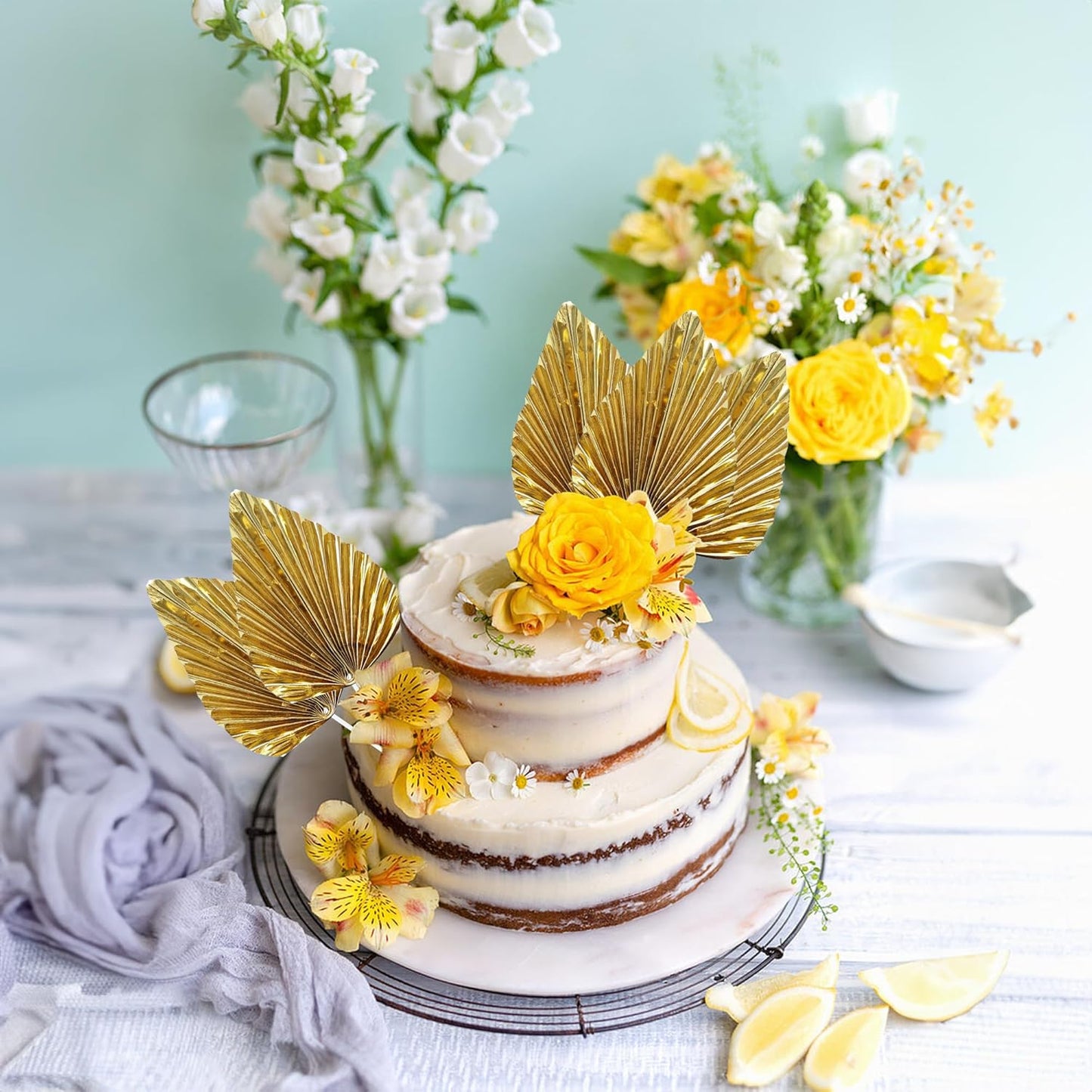 Ephlyn 6Pcs Paper Palm Leaves Fan Cake Toppers Palm Leaf Fan Cake Picks Craft DIY Fan Cupcake Toppers Palm Spear Leaves Cake Decorations for Baby Shower Wedding Birthday Party Supplies Bright Gold