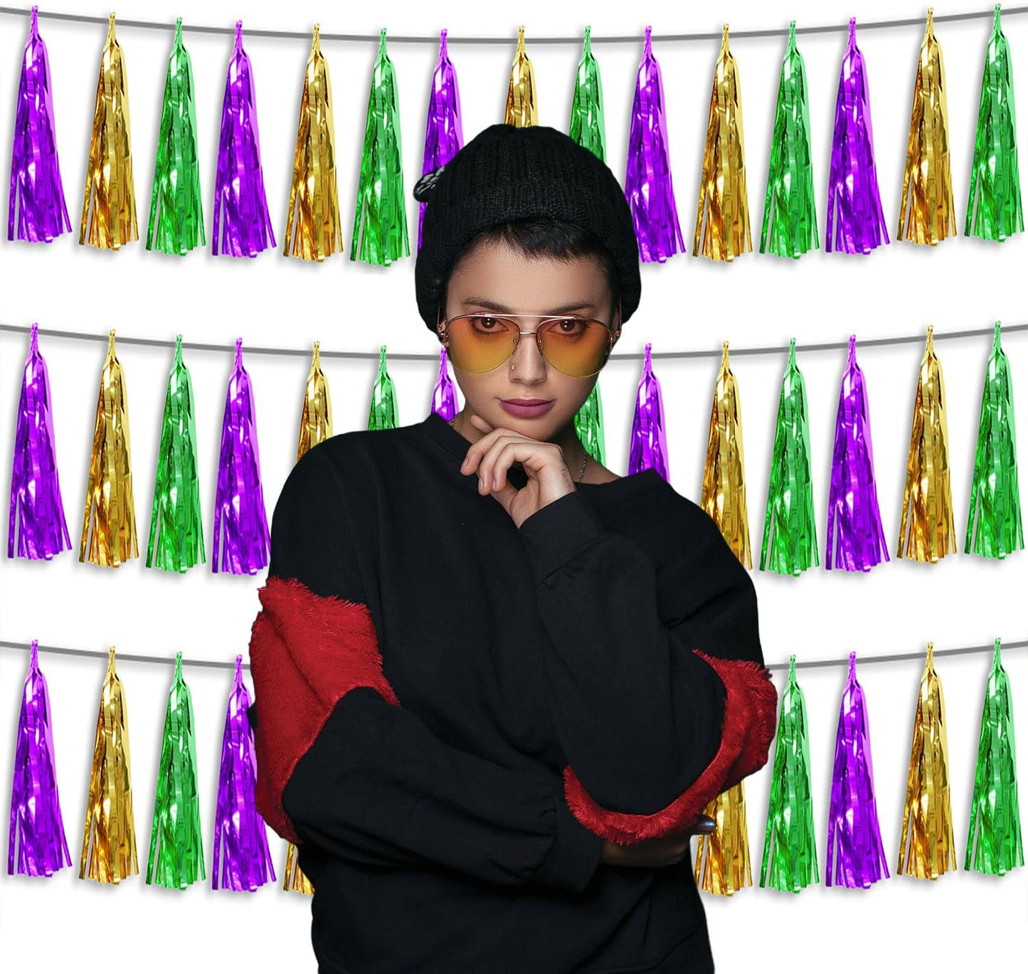 3P Metallic Fringe Tassel Banner Garland Foil Tinsel Streamer Wall Hanging Curtain Backdrop Banner for Parade Floats, Graduation, Carnival Mardi Gras Party Decorations(Gold Green Purple)