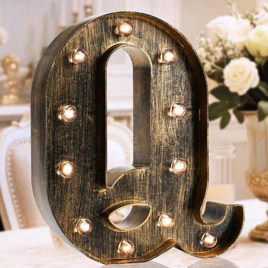 OYCBUZO Golden Black Led Marquee Letter - Industrial, Vintage Style Light Up Alphabet Letter Sign for Cafe Wedding Birthday Party Christmas Lamp Home Bar Initials Decor - Q