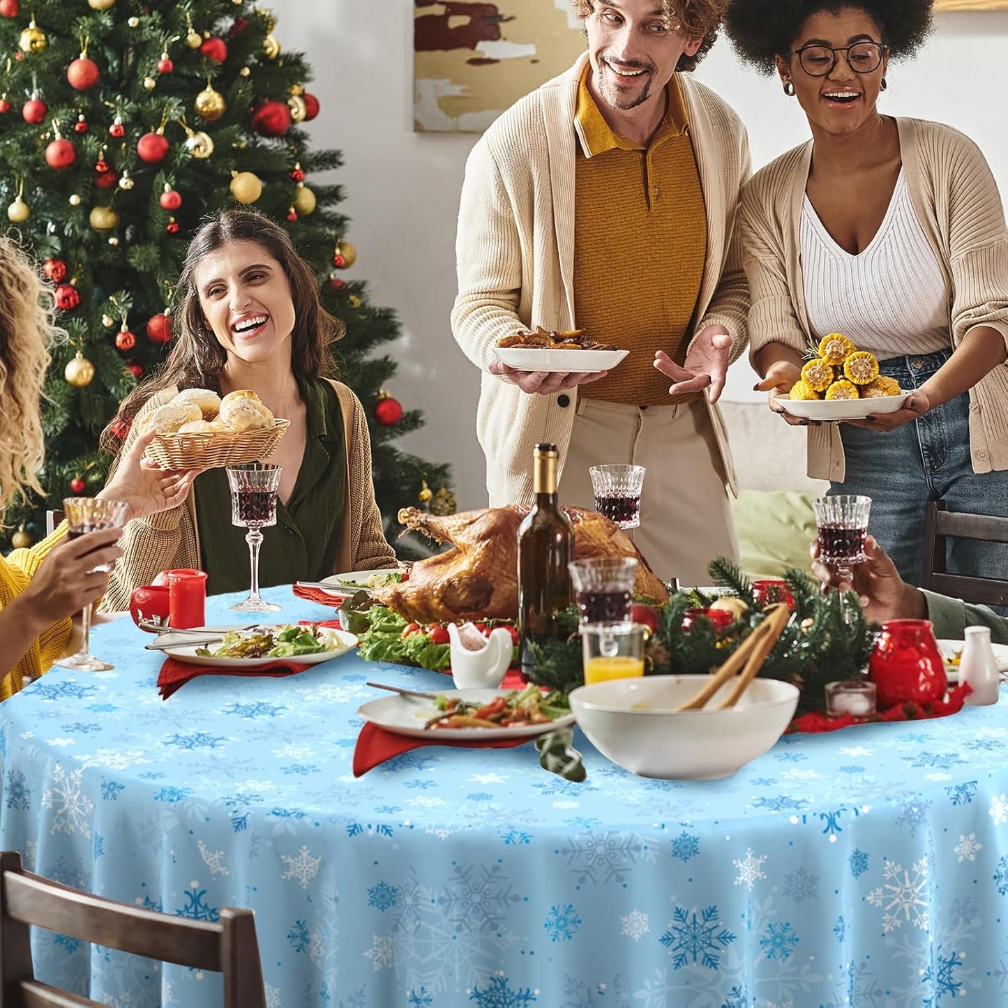 3Pcs Christmas Snowflake Plastic Party Tablecloth Decorations,Disposable Light Blue Snowflake Xmas Round Table Cover Backdrop for Winter Onederland Christmas Holiday Party Supplies,84 inch(Light Blue)