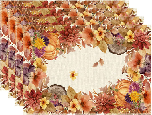 XCHI Fall Color Wild Flowers Watercolor Placemats Set of 4 for Party Home Kitchen Dining Table Decorations Table Mats 12x18 Inch