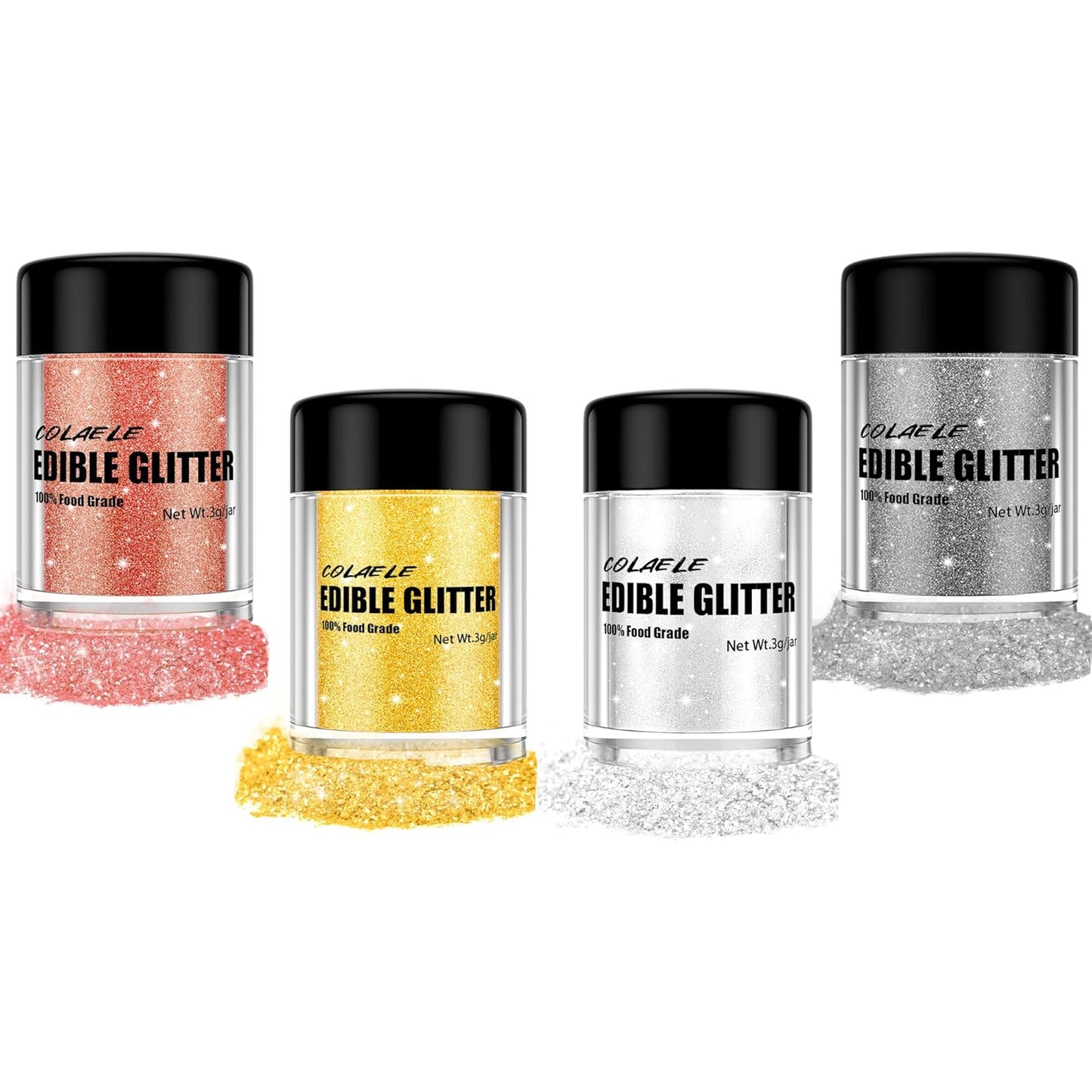 Edible Glitter for Drinks Cakes Christmas Set - Colaele 4 Colors Shimmering Luster Dust Disco Glitter Food Grade Metallic Food Coloring Glimmer for Strawberries, Chocolates, Fondant, Pops, Vegan
