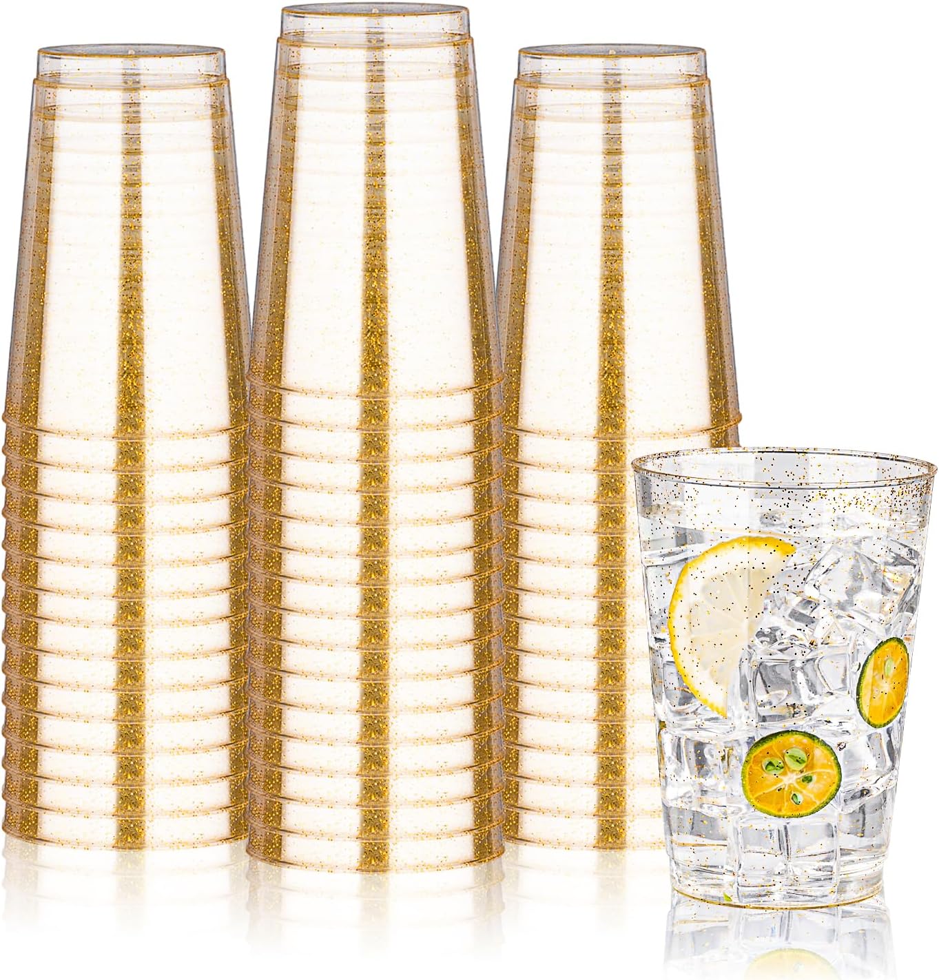 BESTVIP 12oz Gold Glitter Disposable Cups, 100 Pack Gold Plastic Cups, Heavy-duty Party Cocktail Glasses for Christmas, Thanksgiving, Plastic Cups for Party, Holiday, Wedding and Birthday