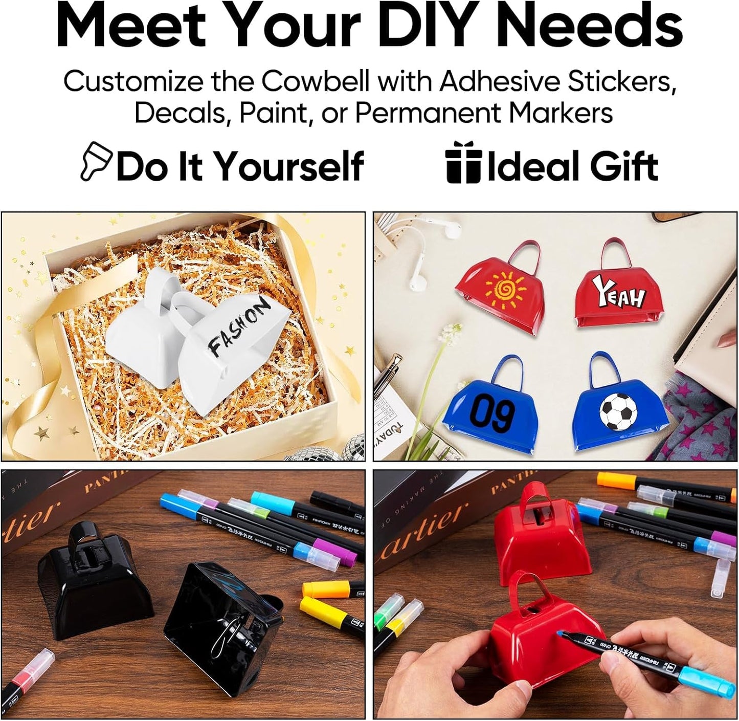 Cow Bells Noise Makers for Sporting Events: 12 Pcs Small White Cowbells with Handle Loud Bells Bulk - Metal Cheering Bell Hand Percussion for Football Games Graduation Weddings - White