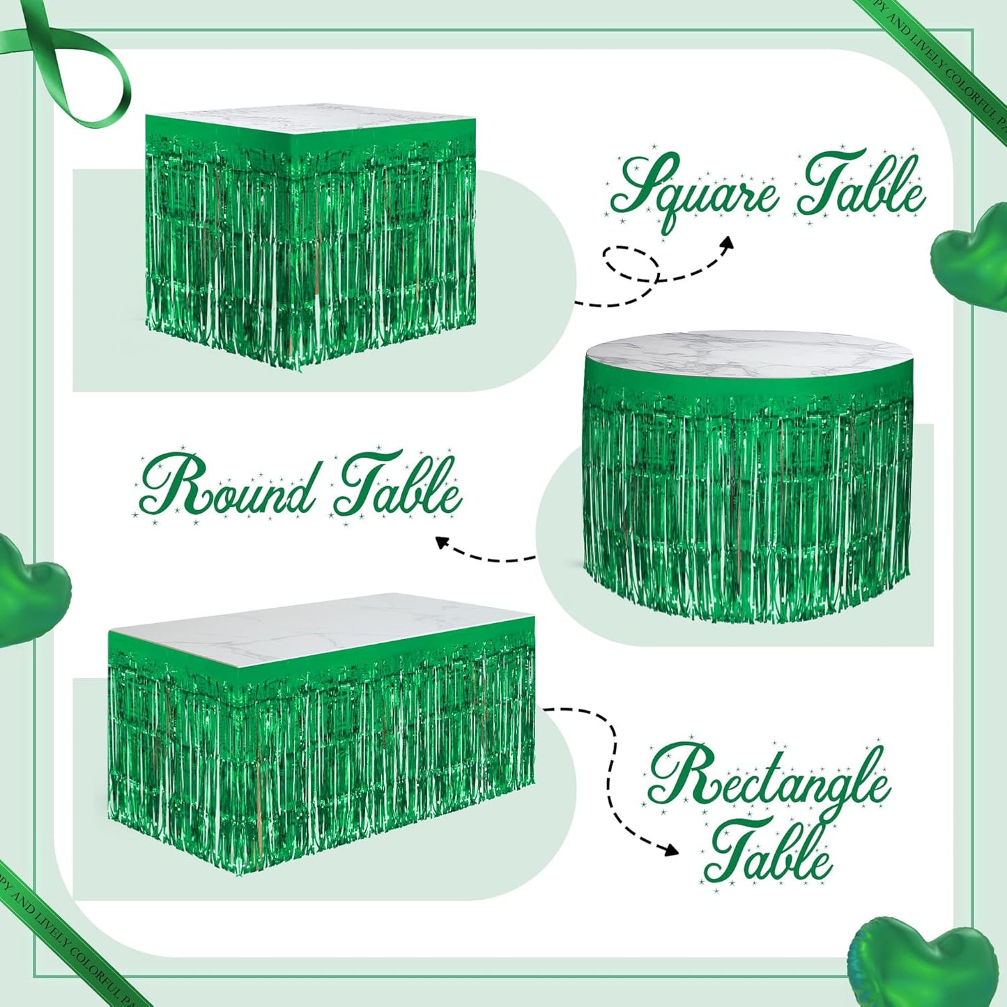 2 Pack Green Table Skirts, 29x108" Metallic Foil Tinsel Fringe Table Skirts for Rectangle Tables Streamer Curtains Backdrop, Party Decorations for Birthdays Weddings Holidays