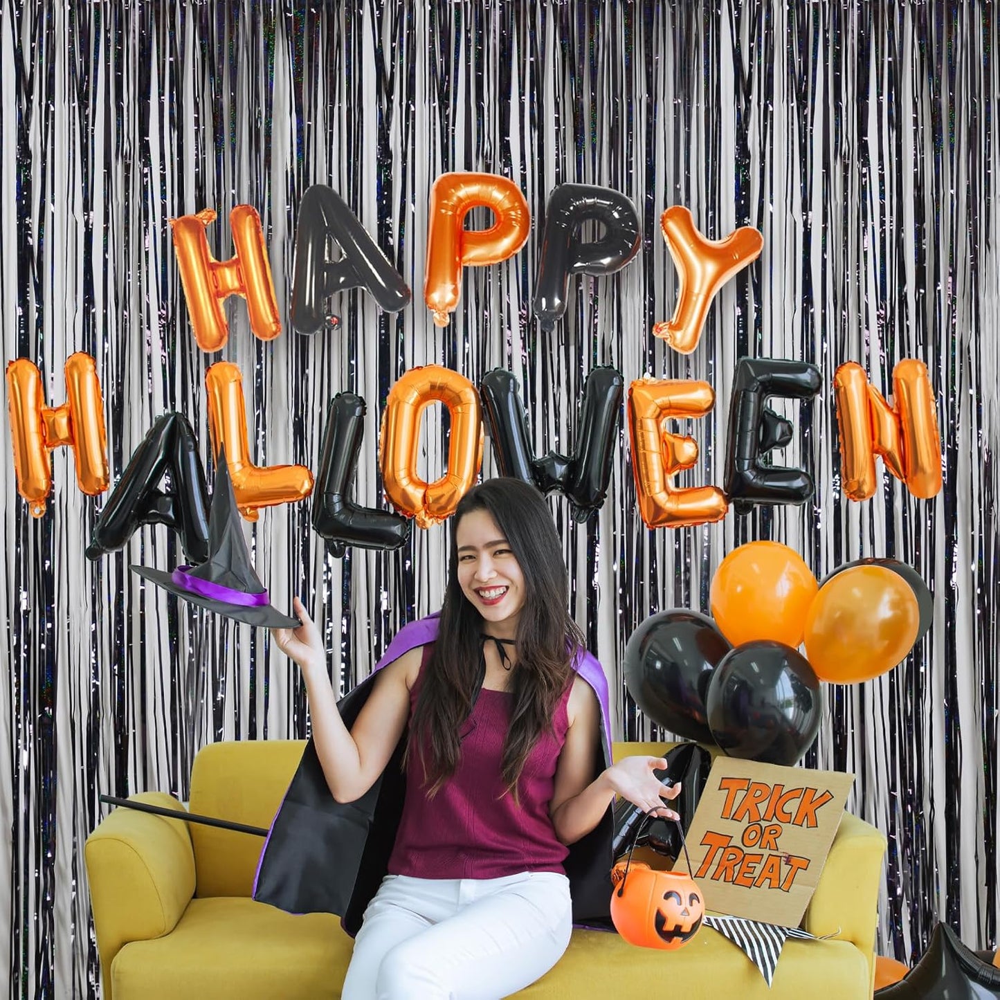 Foil Fringe Curtains Halloween Decor Party Decorations - Melsan 3 Pack 3.2 x 8.2 ft Tinsel Curtain Party Photo Backdrop for Birthday Party Baby Shower or Graduation Decorations (Pure Black)