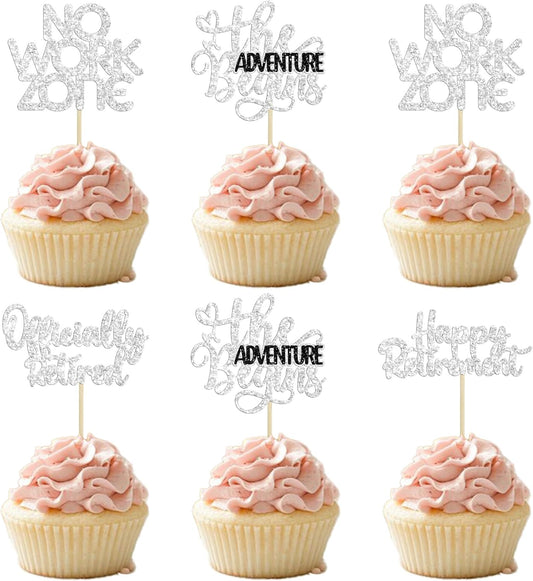 24Pcs Happy Retirement Cupcake Toppers Officially Retired Cake Toppers No Work Zone Adventure Begins Cupcake Picks Retirement Theme Farewell Birthday Party Decorations Supplies Silver