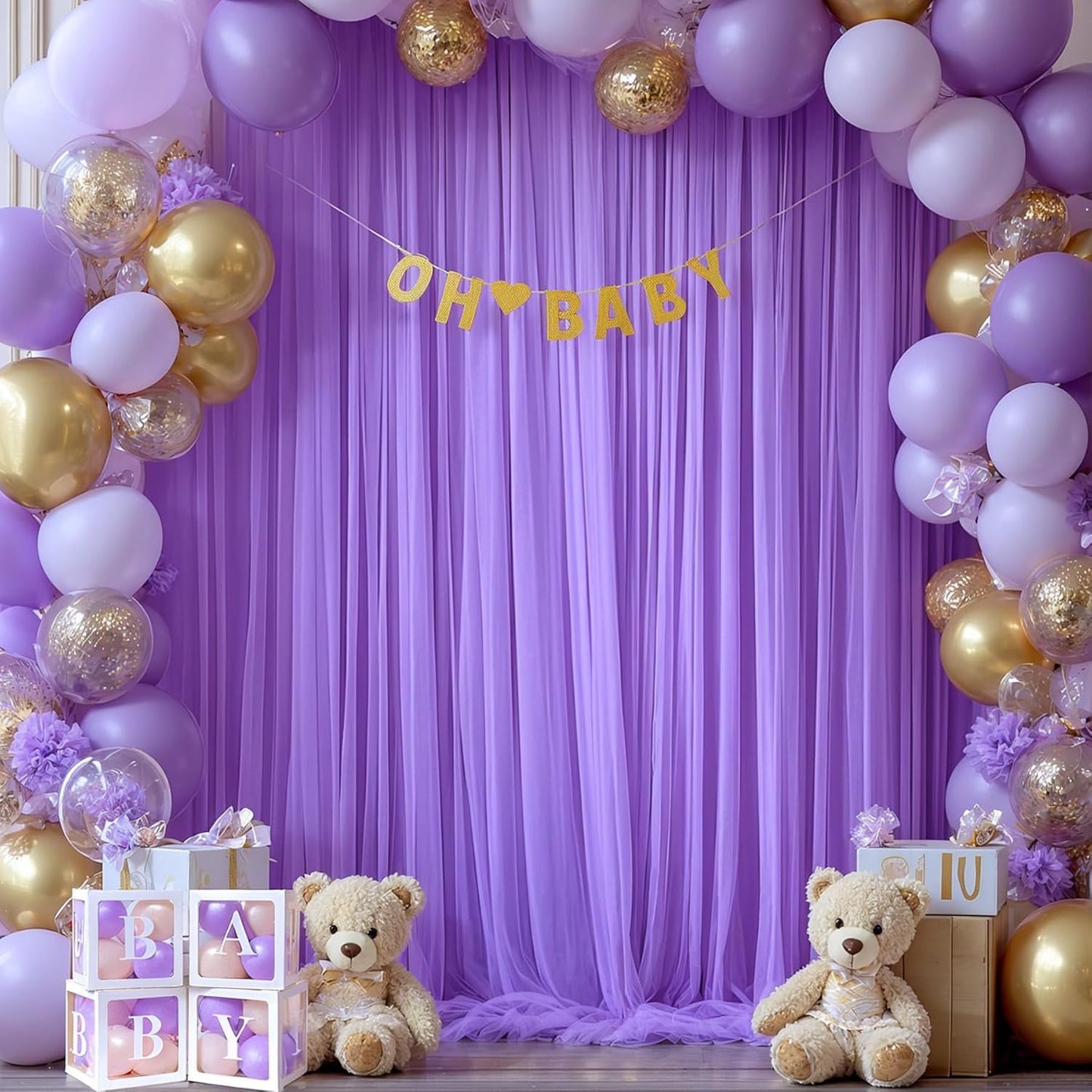 Purple Tulle Backdrop Curtain for Baby Shower Girls Birthday Party Purple Sheer Backdrop Drapes for Wedding Reception Photoshoot Elephant Theme Background Decorations 2 Panels 5 ft X 8 ft