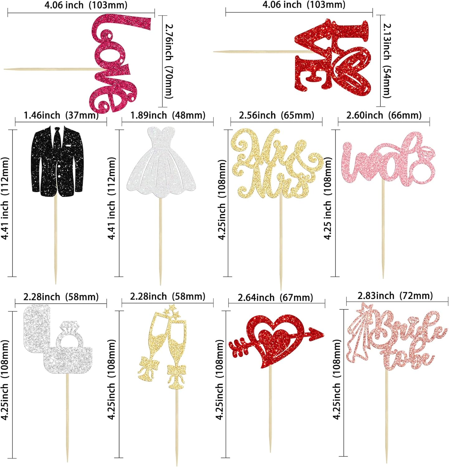 Ephlyn 30Pcs Bride to be Cupcake Toppers Glitter Wedding Cake Topper Decorations I Do Love Heart Ring Cupcake Picks for Bridal Shower Wedding Engagement Party Supplies Multicolor