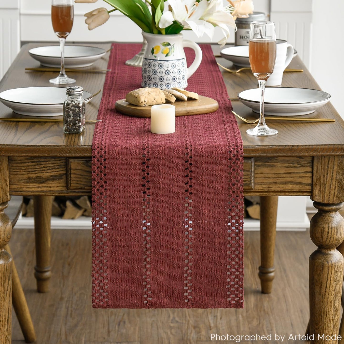 Artoid Mode Red Farmhouse Woven Rustic Hollow Table Runner, Seasonal Holiday Hollow Kitchen Dining Table Decoration for Home Party Decor 12x48 Inch