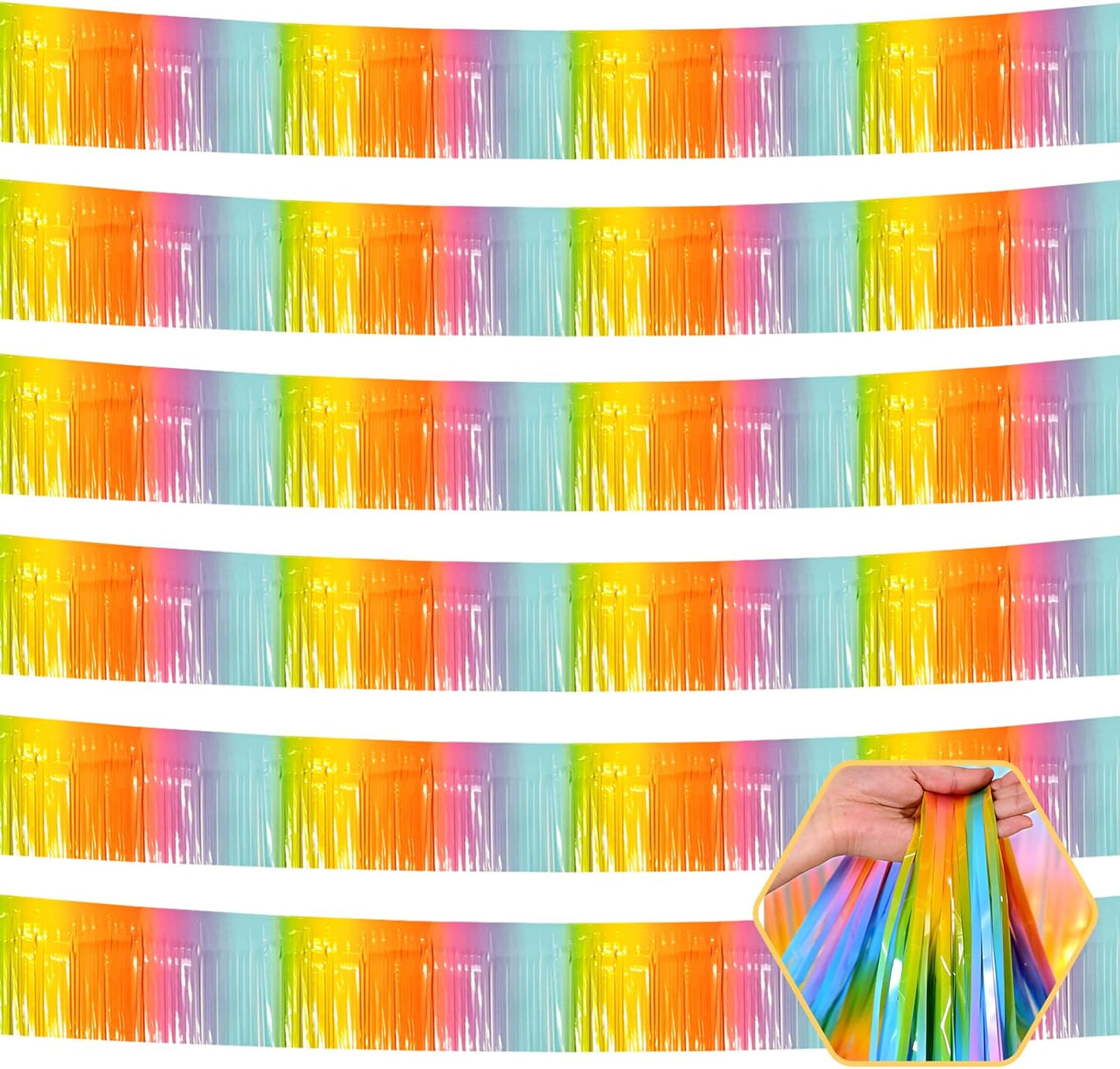 6 Pack 10 Feet Rainbow Foil Fringe Garland Metallic Tinsel Streamers Banner Wall Hanging Curtain Backdrop for Parade Floats, Birthday, Graduate, Mother's Day, Wedding Party Decoration
