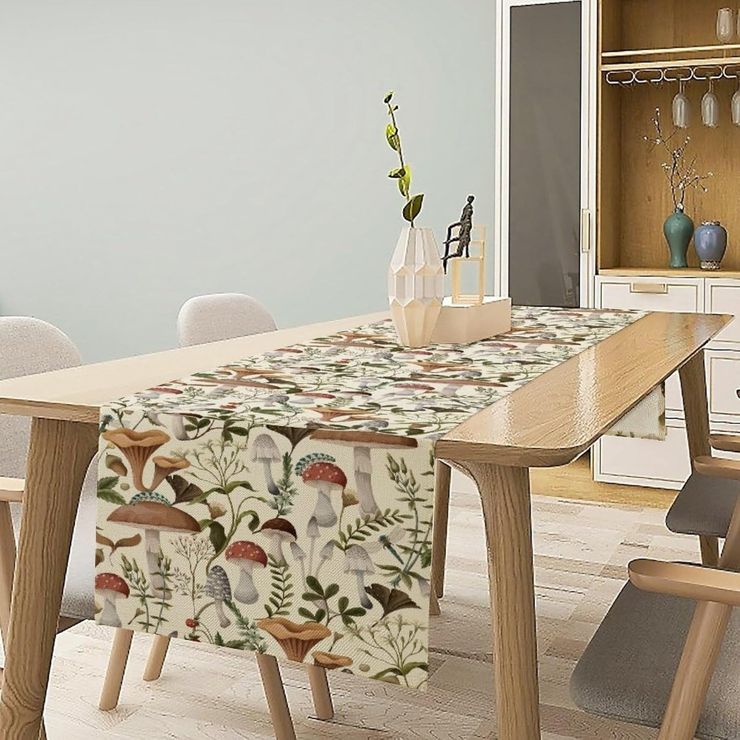 Mushroom Table Runner,Vintage Forest Flower Plant Print Table Runner for Kitchen Dining Table Home Party Decoration 13x36 Inch