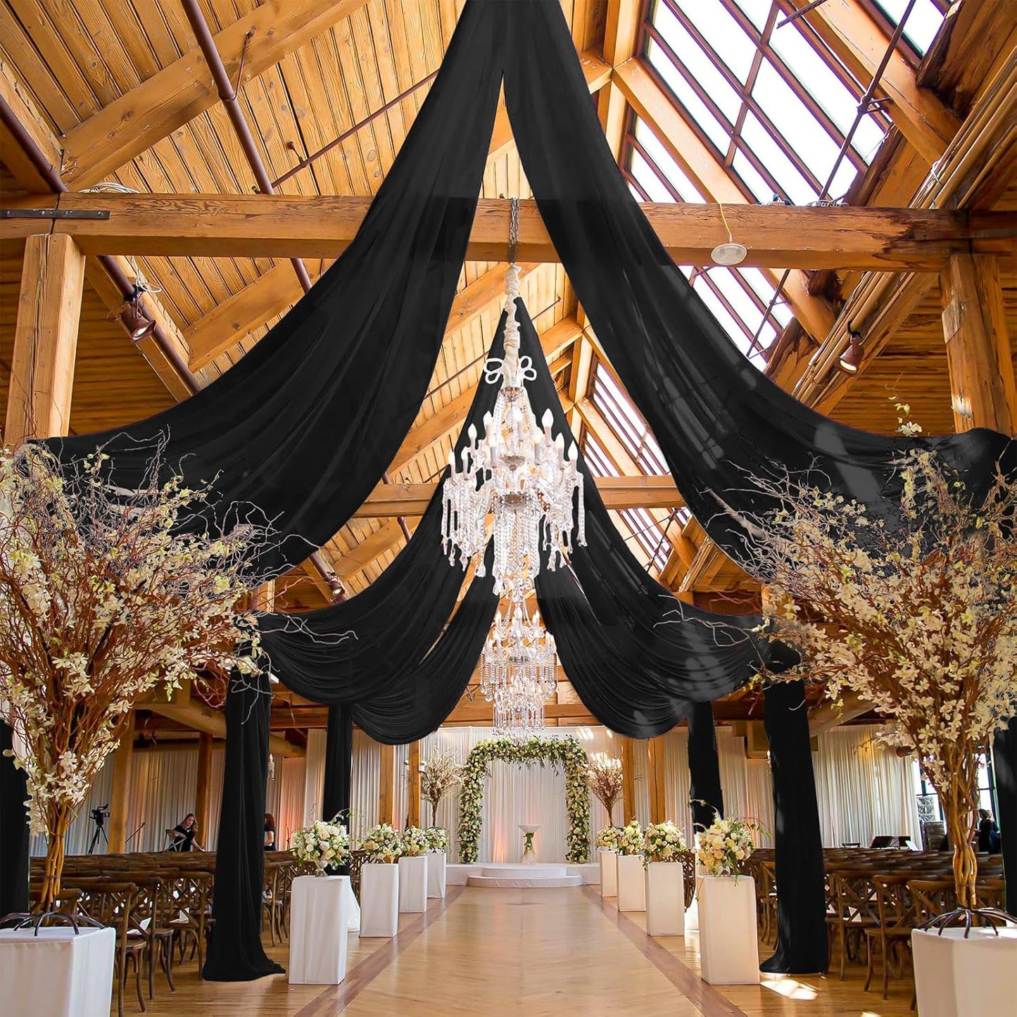 6 Panels Black Ceiling Drapes for Wedding, 5ftx40ft Ceiling Drapes Cheesecloth Sheer Fabric Curtain Wedding Arch Draping Fabric Romantic Ceilings Decorations for Weddings Party Ceremony Stage