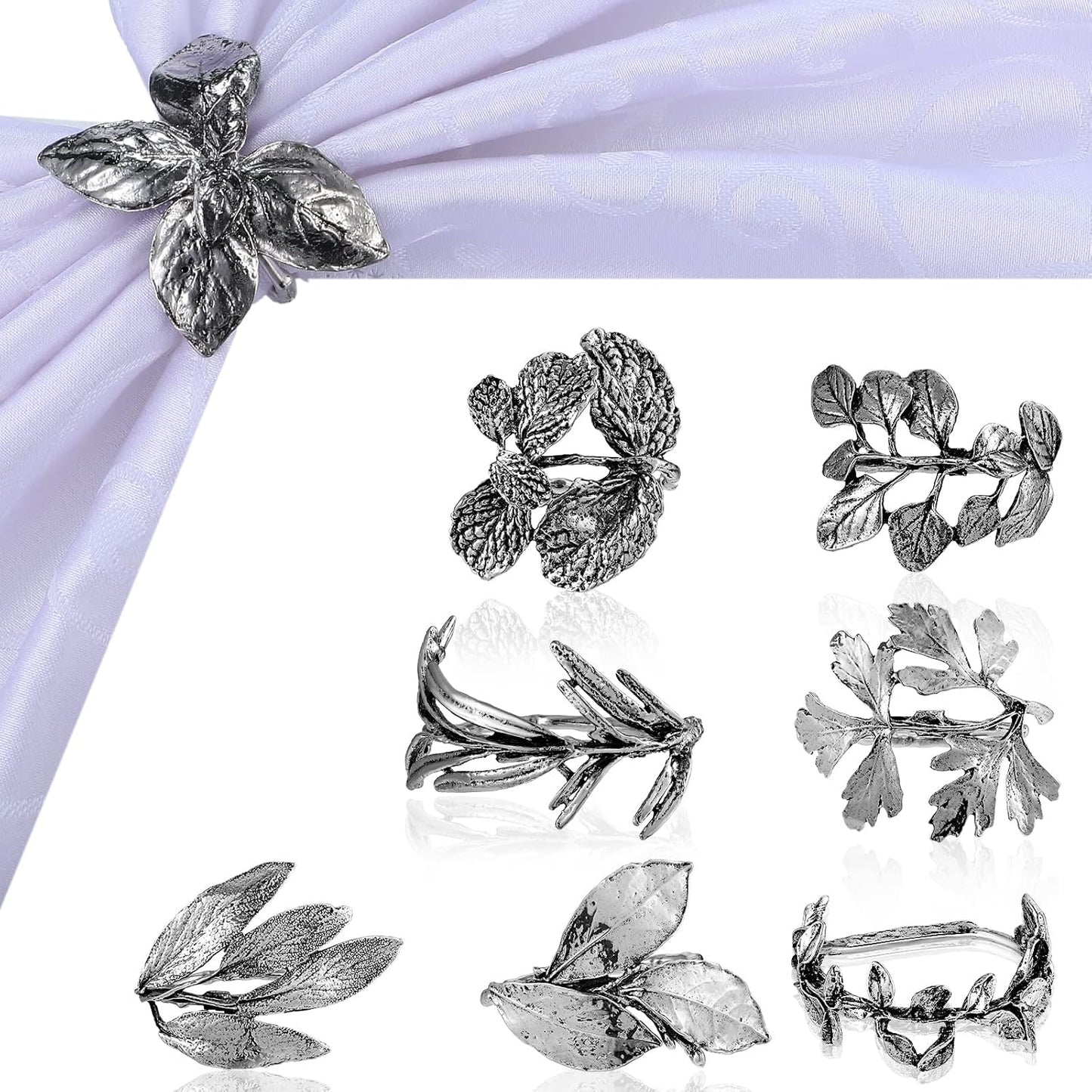Cunhill 8 Pieces Herb Napkin Rings Set Vintage Leaf Napkin Holders Rings Glossy Holder Adornment Metal Table for Graduation Holidays Wedding Graduation Party Decor Everyday Use(Silver)