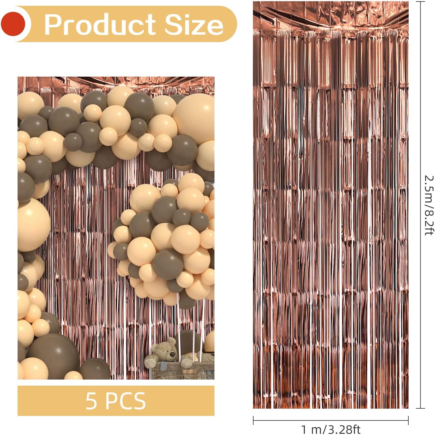 5 Pack Brown Fringe Backdrop 3.2ft x 8.2ft Silver Foil Fringe Curtains Party Tinsel Curtain Backdrop Streamers for Birthday Party Decoration Wedding Christmas Decoration (Brown)