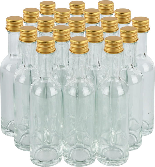 50 ml (1.7oz) 24 Pack, Mini Small Glass Bottles With Leak Proof Air Tight Gold Caps, Aluminum Lids, For Liquor Wine Alcohol Ginger Shots SamplesTequila