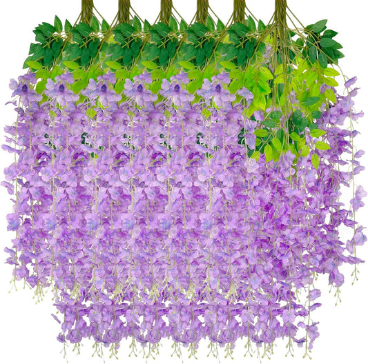 24 Pack Light Purple Wisteria Hanging Flowers Garland, 3.77 Feet Artificial Flower Vines, Fake Wisteria, Artificial Vines Hanging Garland for Backdrop Outdoor Yard Garden Decor