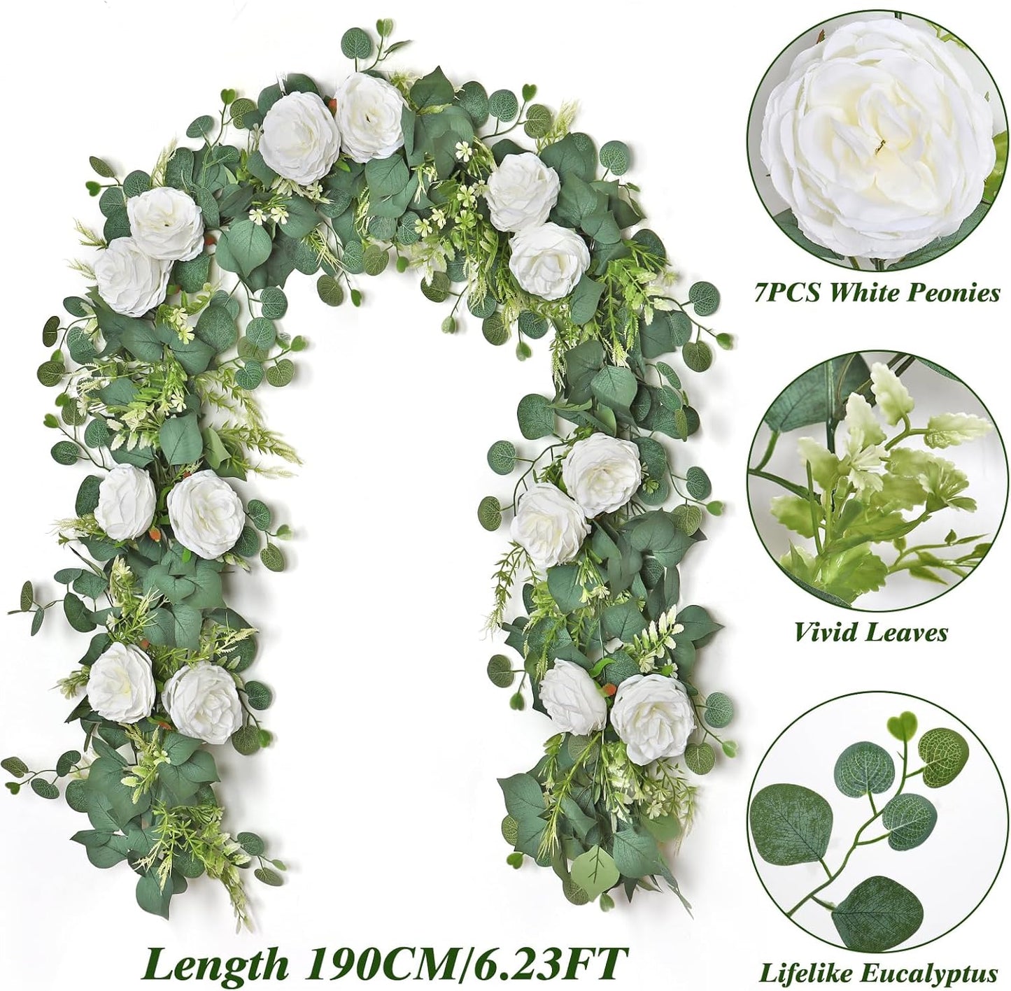 4PCS 6.23FT Artificial Eucalyptus Garland with Peony Flowers Fake Vines Floral Greenery Garland White Peonies Artificial Flowers for Centerpiece Table Runner Wedding Decor (White, 4PCS)