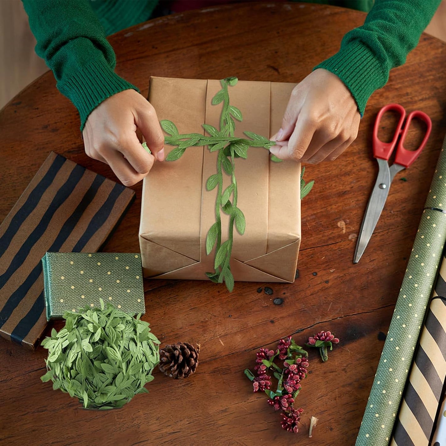 IHKFILAN 262.5 Ft Leaf Ribbon,Olive Green Leaves Leaf Trim Ribbon,Artificial Vines Wild Jungle Decorative Botanical Greenery for Baby Shower Home Wall Garden Wedding Party Wreaths DIY Craft(Green)