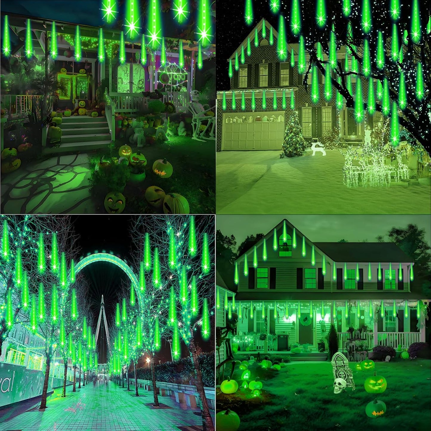 Halloween Lights Outdoor, Meteor Shower Christmas Lights for Halloween Decorations, 8 Tube 192 LED Snow Falling Rain Icicle String Light for Xmas Christmas Decor Tree Party, UL Plug Green