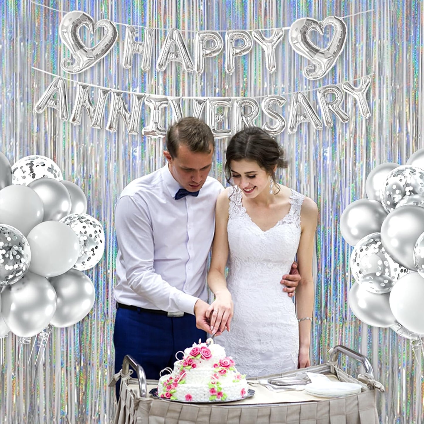 Melsan Foil Curtain, 2 Pack 3.2 ft x 8.2 ft Silver Tinsel Foil Fringe Curtains Backdrop, Sparkle Metallic Foil Curtains for Independence Disco Bachelorette Party Decorations, Silver Tinsel Backdrop