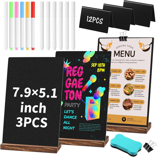 29 Pcs Chalkboard Sign Set, 7.9" x 5.1" Desktop Board Sign with Wood Base, 4" x 3" Mini Chalkboard Signs, Place Cards, Menu, Message Board, for Shop, Weddings, Parties and Event Decoration
