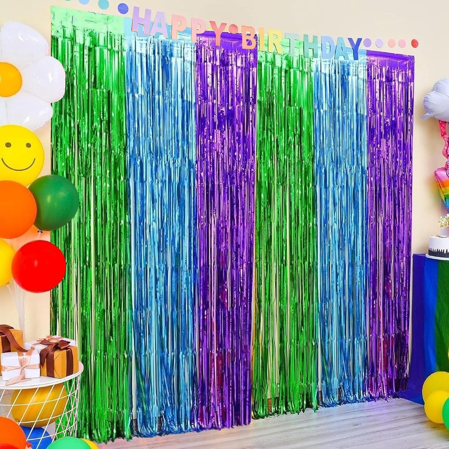 CANREVEL 2 Pack 3.3x8.2 Feet Green Blue and Purple Foil Fringe Backdrop Curtains, Tinsel Streamers Birthday Party Decorations, Photo Booth Props Backdrop for Graduation, Carnival, Baby Shower