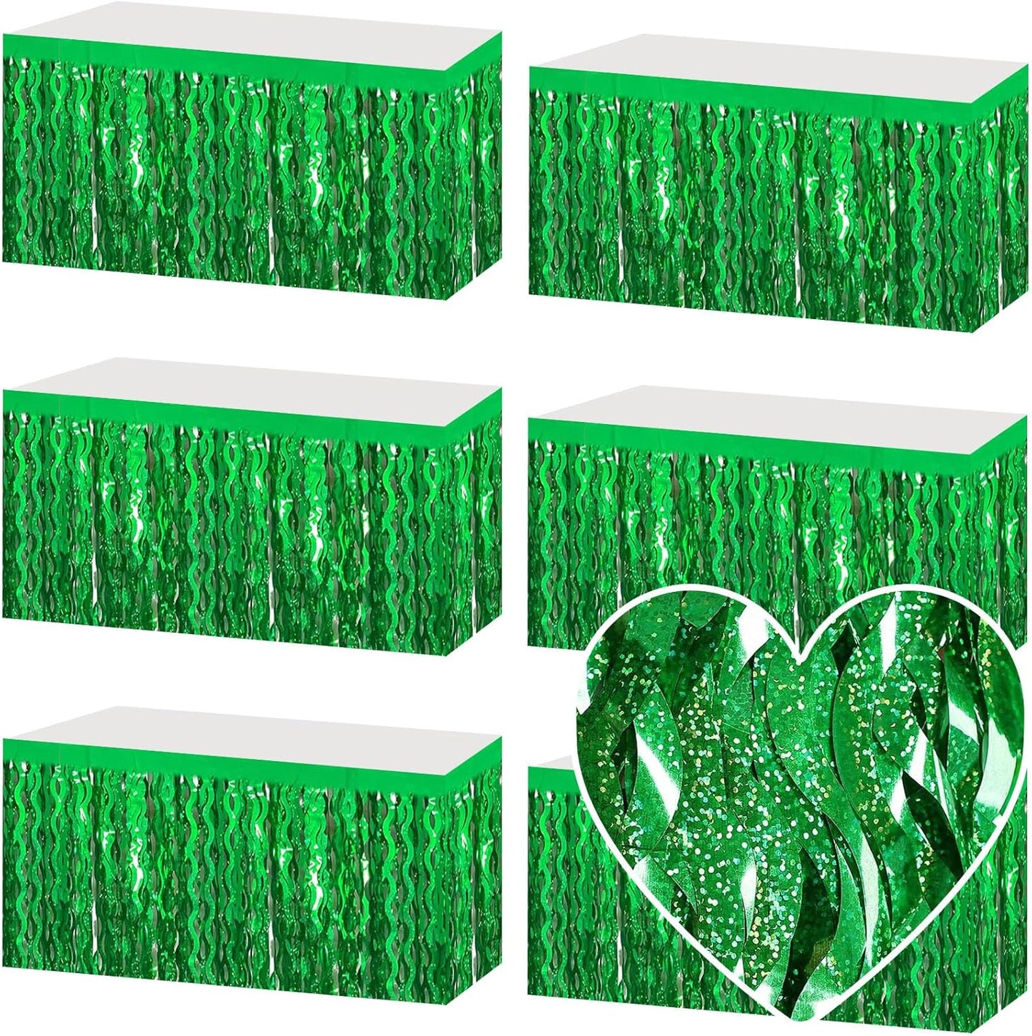 6 Pack 29x108 Inch Green Wave Foil Fringe Table Skirts Metallic Banner for Tinsel Streamer Garland Backdrop for Parade Floats Mother's, Graduate, Mardi Gras, Birthday, Wedding Party Decorations