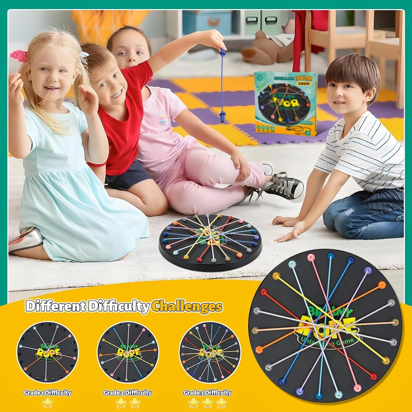 Brainy Knots Rope Untangling Game, Stress Relief String Solution Central Lacing Toys with Multiple Difficulty Levels for Family Parent-Child Interaction, Travel & Parties (Black)