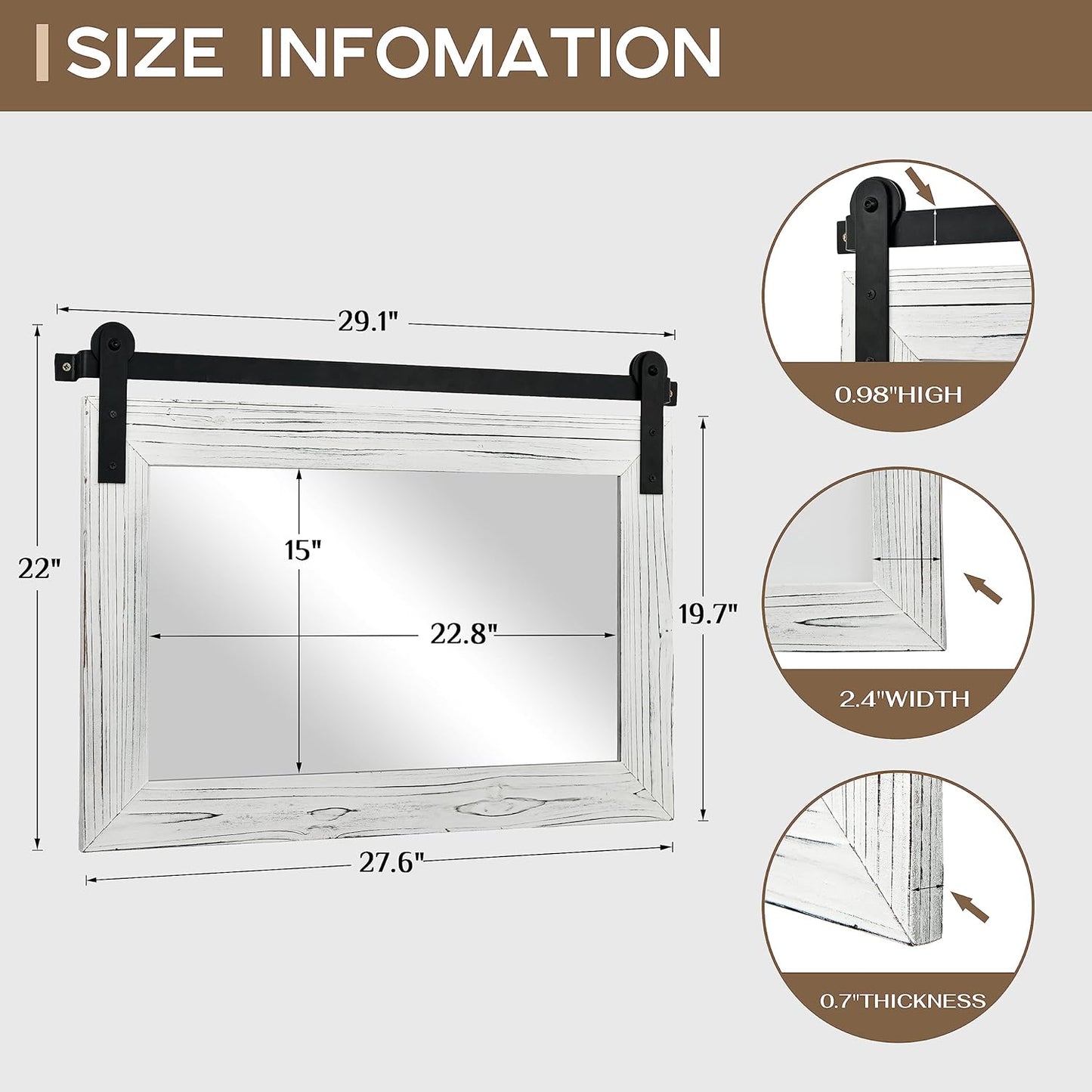 COGOOD Farmhouse Barn Door Mirror - 28" x 20" Rustic Wood Framed Wall Mirror for Bathroom, Living Room, Entryway Wall Decor (White)
