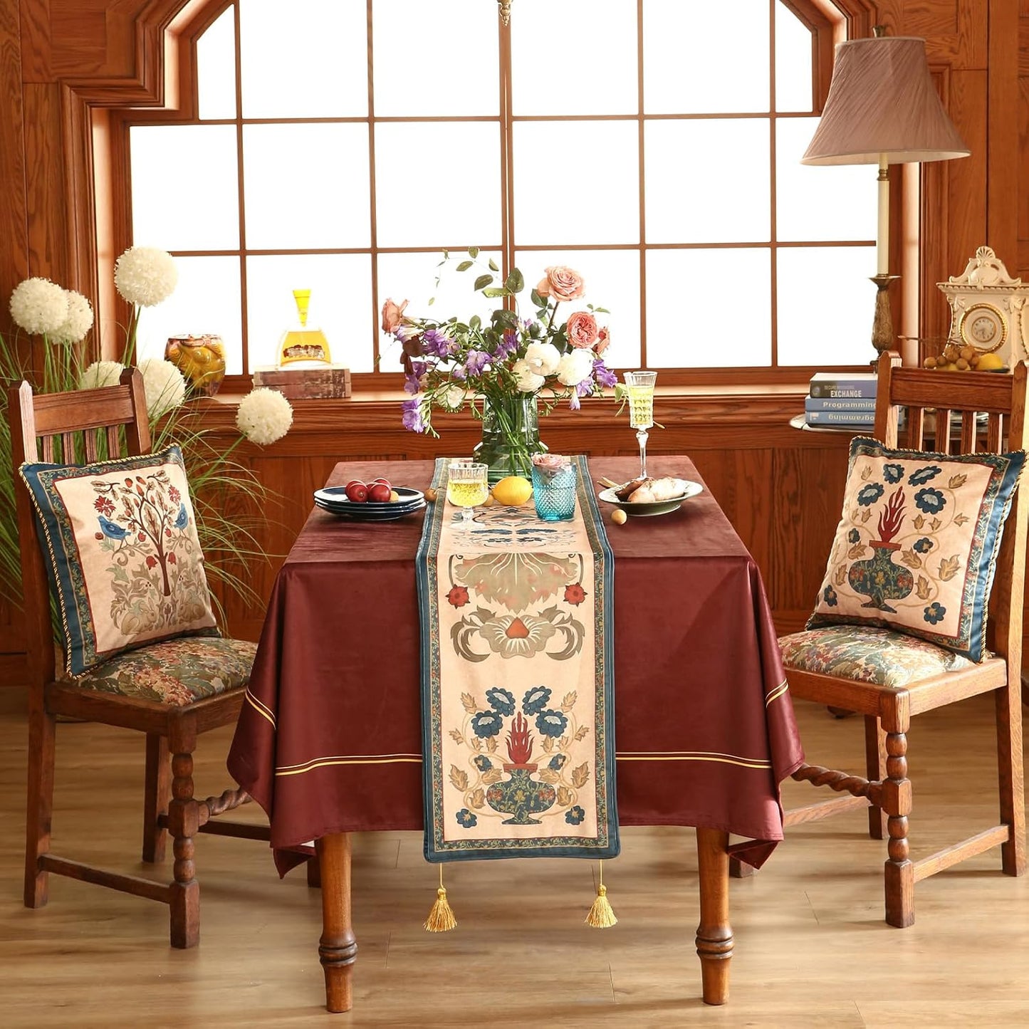 patdrea Designer Casual Wild Floral Velvet Table Runner 118 Inch Long, Brown Occult Bouquets Pattern Table Mat, Decoration for Kitchen Dining Coffee Table Cabinet Banquet Thanksgiving,12"*118"