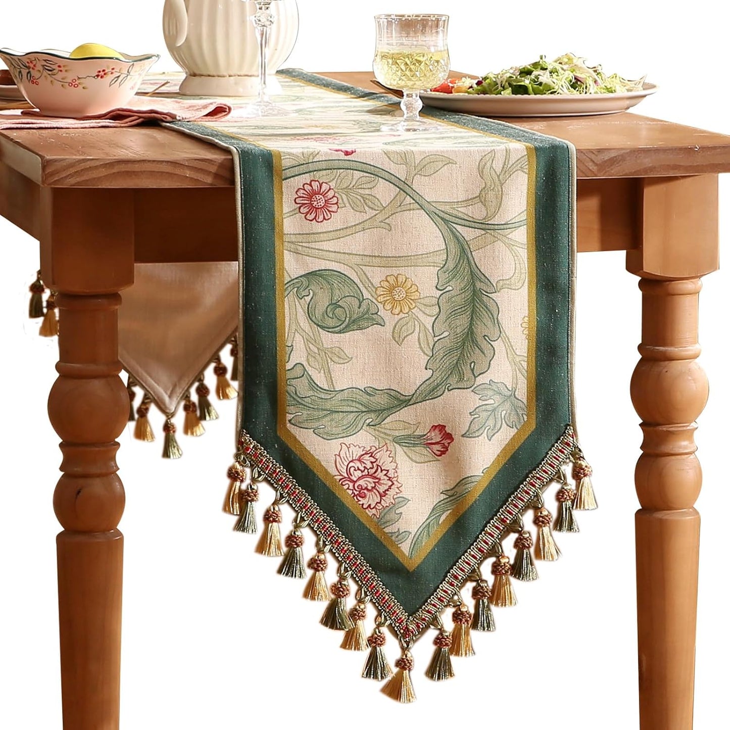 patdrea Designer Green Floral Extra Long Table Runner,French Elegant Vibrant Rustic Linen with Green Leaves Patterns Fabric Table Mat,Decoration for Kitchen Dining Room Banquet Christmas,12"*118"