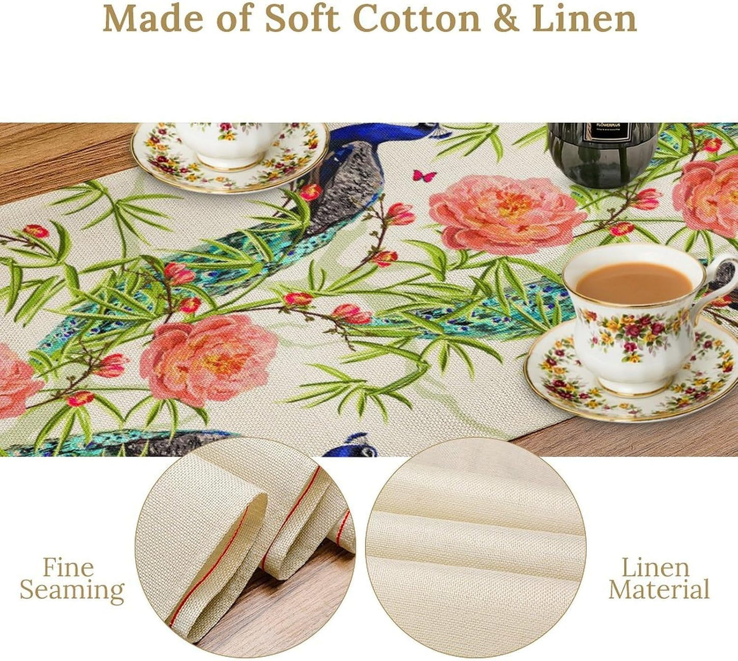 Peacock Table Runner,Seasonal Flower Plants Peacock Birds Table Runner for Home Kitchen Dining Party Indoor Outdoor Decoration 13x70 Inch