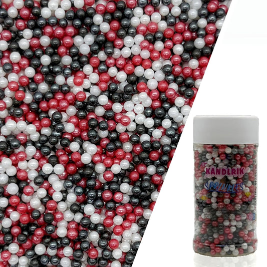 Edible Red & Black & White Pearl Sugar Sprinkles Candy 4mm Mini Pearls Cake Decorations Cupcake Toppers Cookie Decorating Perfect for Wedding Party Valentine Halloween Christmas Supplies 3OZ