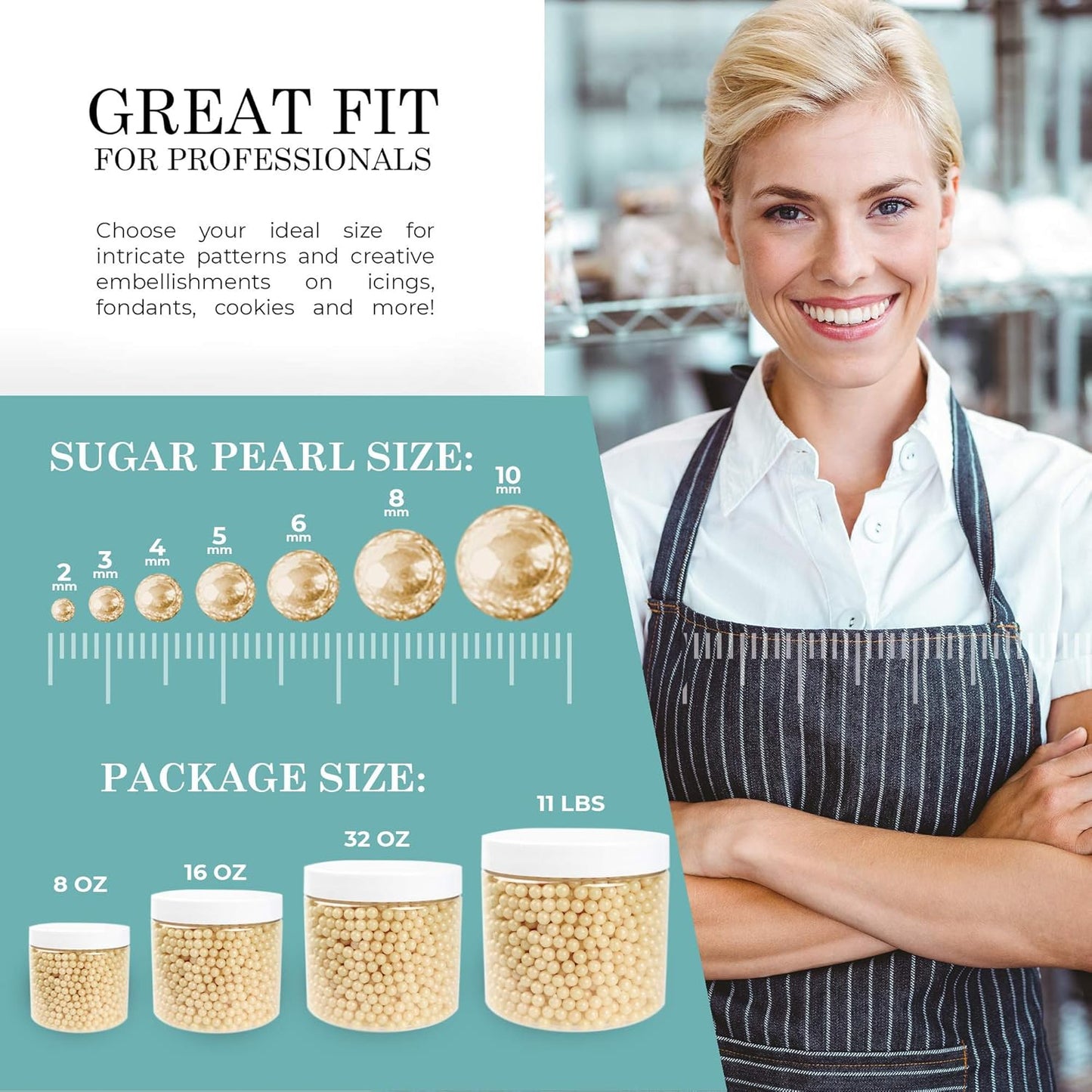 O'Creme Ivory Edible Sugar Pearls Cake Decorating Supplies for Bakers: Cookie, Cupcake & Icing Toppings, Beads Sprinkles For Baking, Certified, Candy Sugar Ball Accents (12mm, 32 Oz)