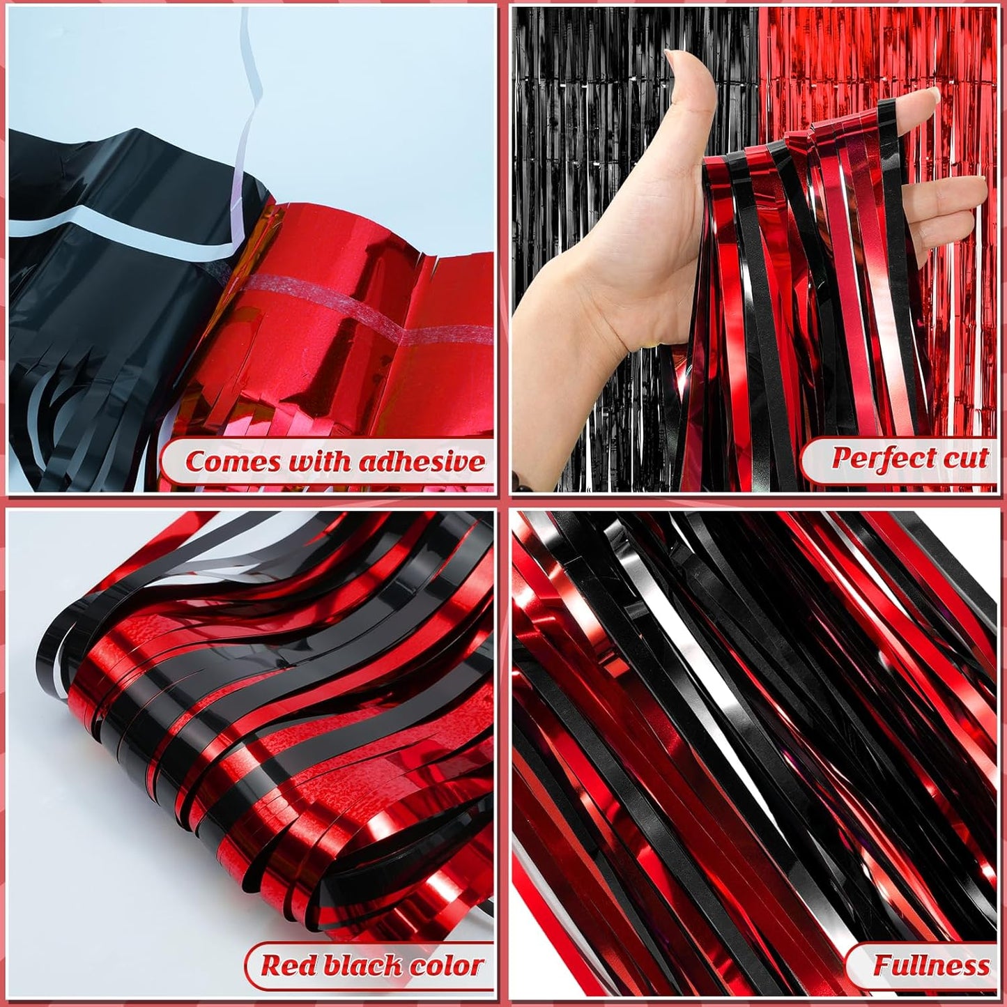 3 Pack 3.3Ft x 6.6Ft Graduation Foil Fringe Curtain Backdrop Decorations, Red Black Metallic Tinsel Foil Streamers Curtain Photo Booth Background for Graduation Prom Wedding Birthday Party Decorations