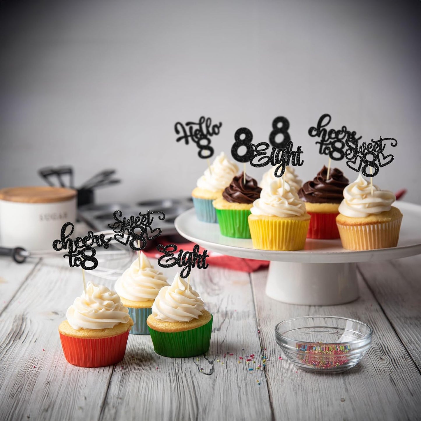 30Pcs 8th Birthday Cupcake Toppers Glitter Eight Hello 8 Cupcake Picks Cheers to 8 Years Old Cake Decorations for 8th Birthday Party Supplies Black