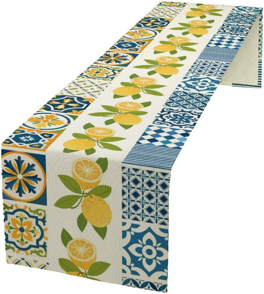 Lemon Table Runner,Watercolor Blue Fruits Green Leaves Print Table Cloth Kitchen Dining Table Home Party Decoration 13x120 Inch