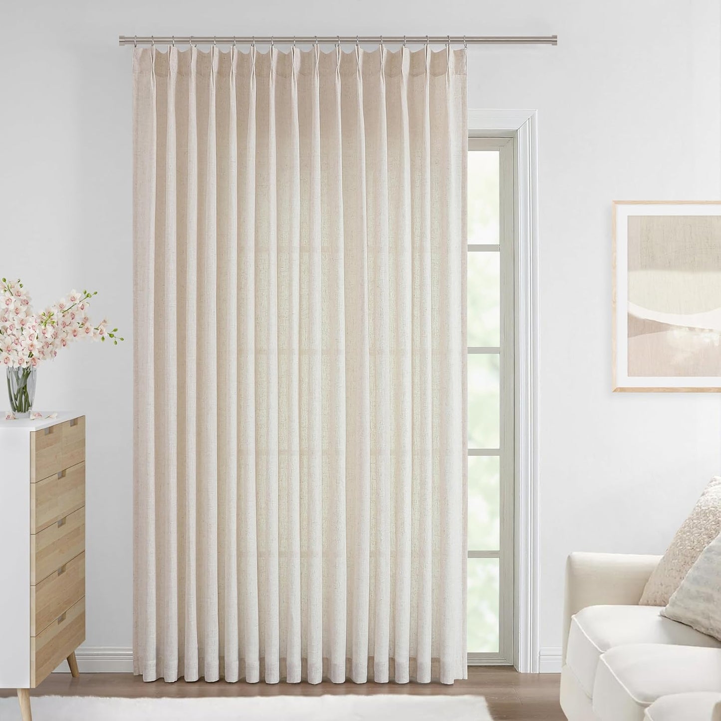 Vision Home Natural Pinch Pleated Semi Sheer Curtains Textured Linen Blended Light Filtering Window Curtains 90 inch for Living Room Bedroom Patio Pinch Pleat Drapes with Hooks 1 Panel 84" Wx90 L