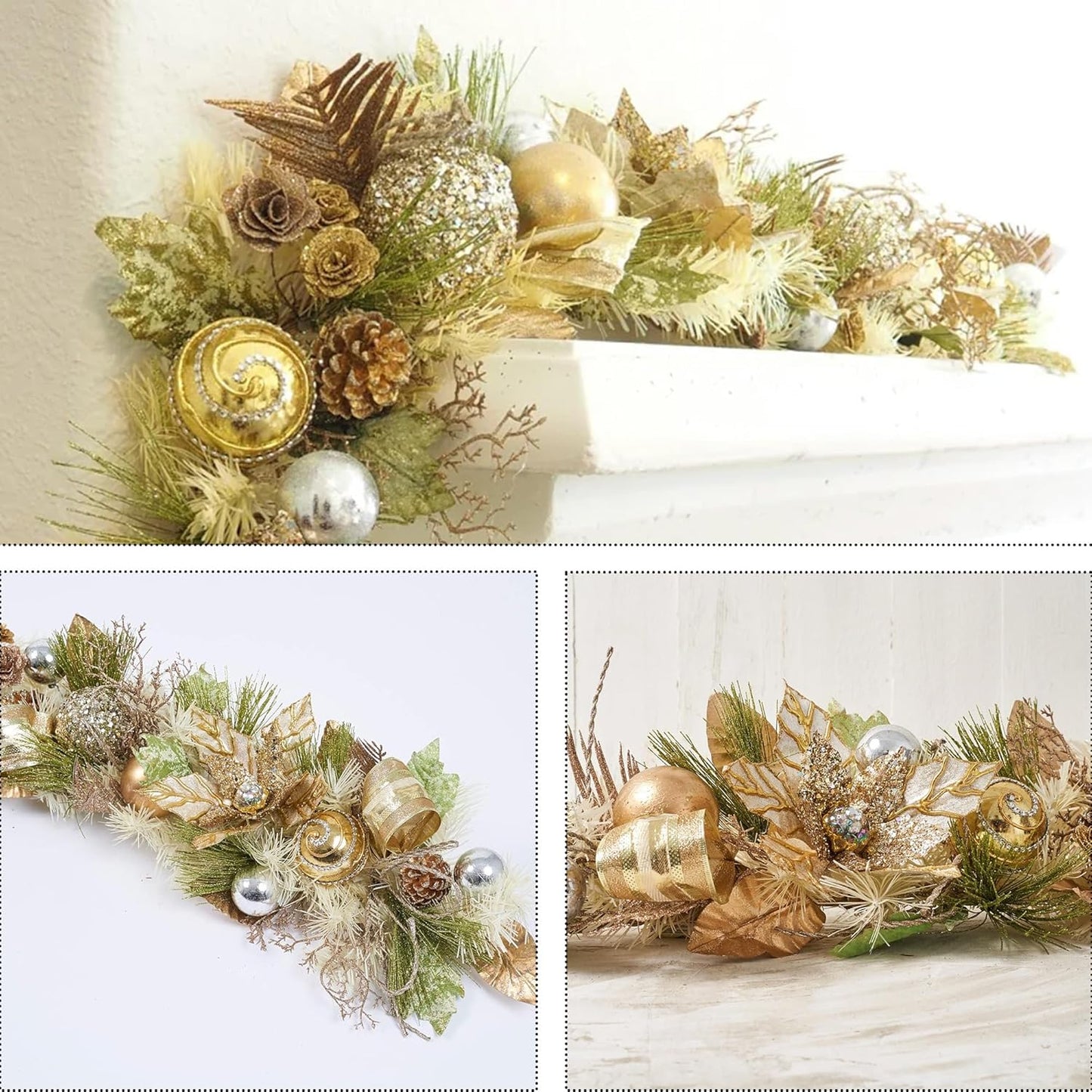 5 ft Christmas Garland for Mantle Unlit Garland for Stairs Railing, Banister, Staircase, Fireplace, for Table No Light, Garland Decor Frosted Red Poinsettia Holiday Tree (Glittery Champagne Gold)