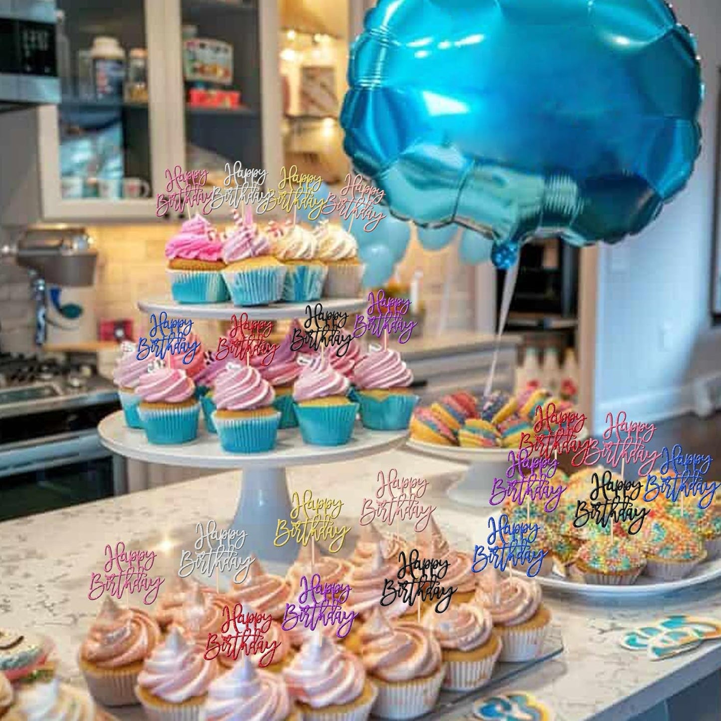 24 PCS Happy Birthday Cupcake Toppers Glitter Picks for Celebrating Party Decorations Anniversary Theme Cake Supplies Multi