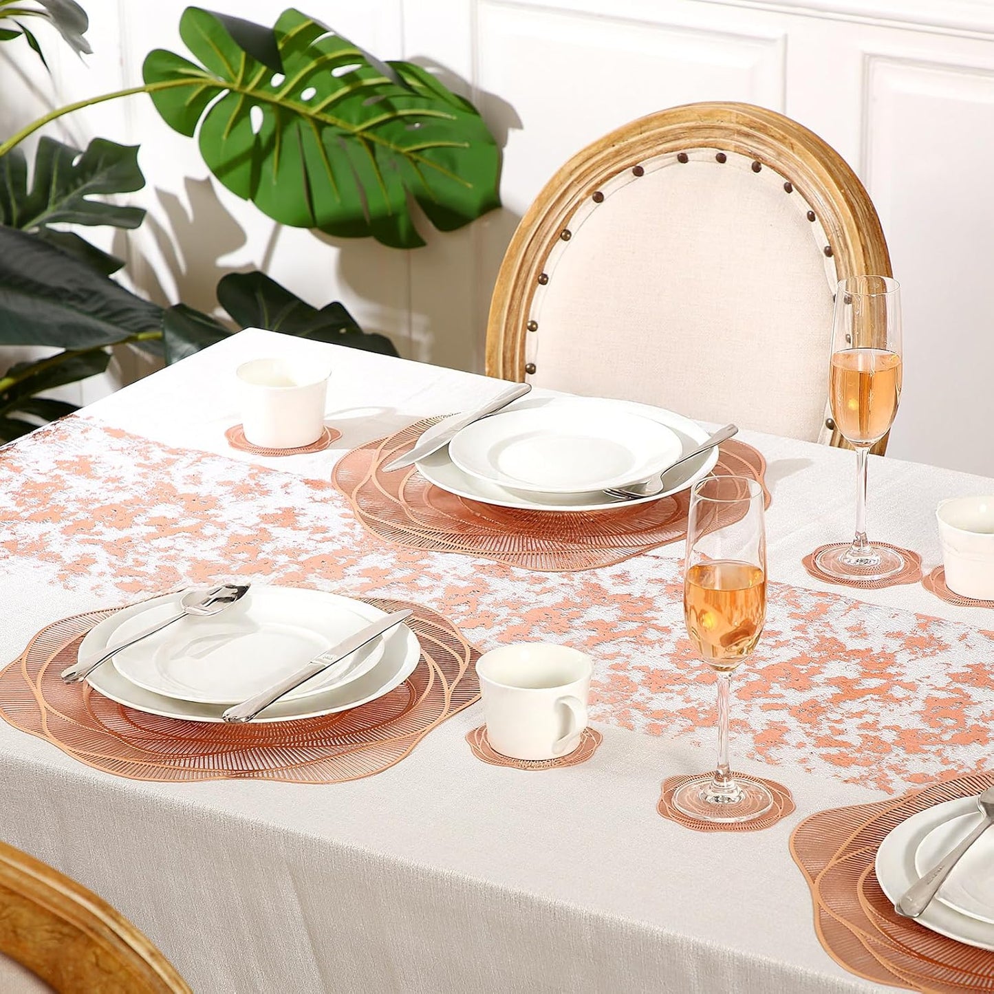 Sieral 48 Set 15 Inch Round Pressed Vinyl Placemats Hollow Out Rose Placemat Set Metallic Slip Resistant Place Mat Coaster Including Place Mats and Coasters for Wedding Dining Kitchen (Rose Gold)