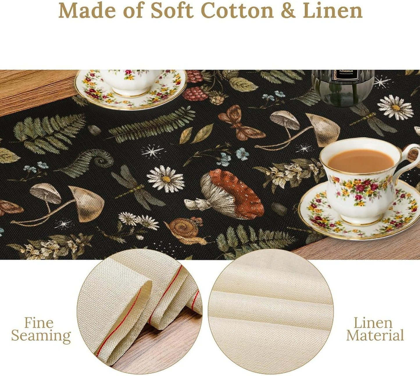 Mushroom Table Runner,Retro Forest Plant Table Runner for Kitchen Dining Table Home Party Decoration 13x108 Inch