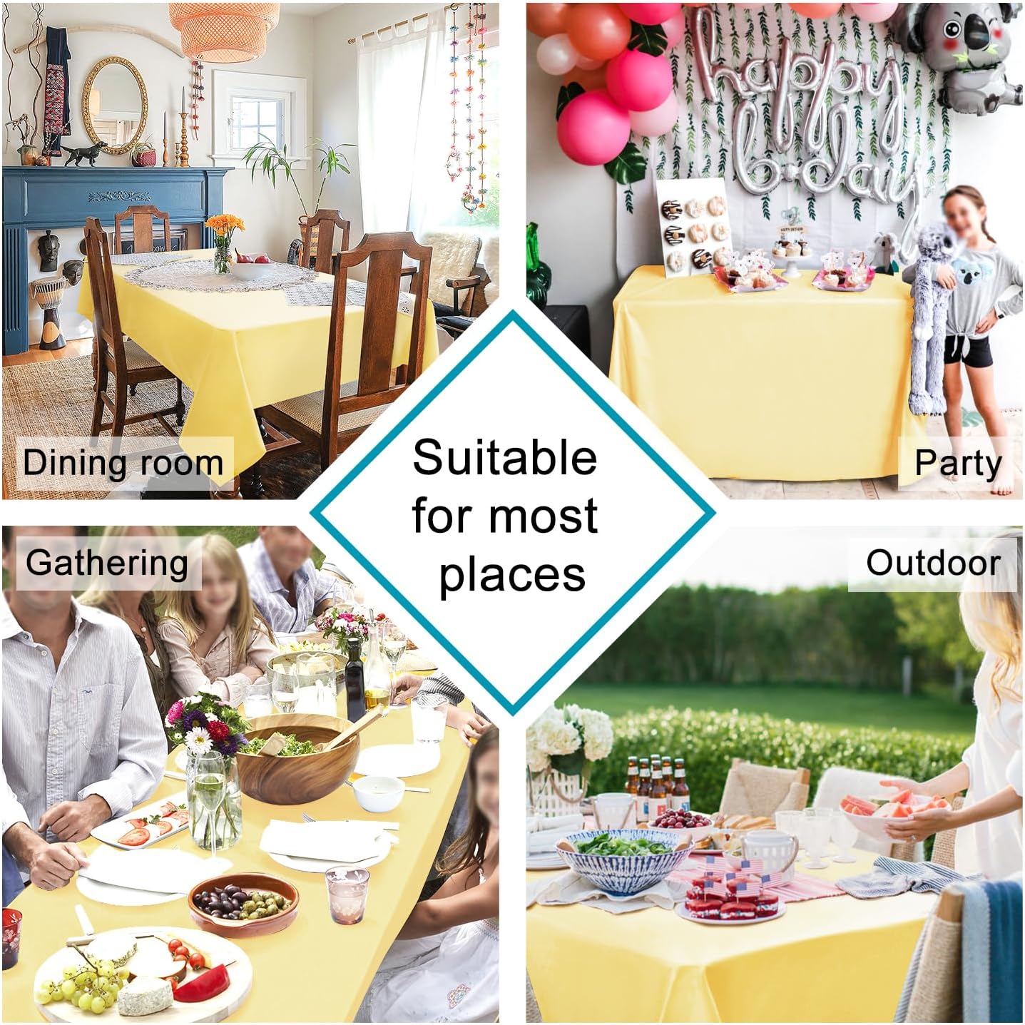 Hiasan Rectangle Tablecloth Light Yellow - Wrinkle Resistant and Waterproof Washable Polyester Fabric Table Cloth for Dining Party and Outdoor Use, 60 x 140 Inch