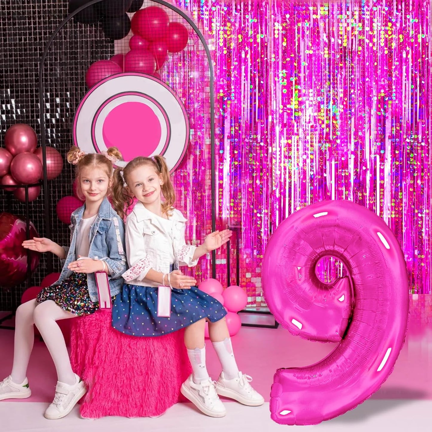 4 Packs Hot Pink Foil Fringe Curtain, Pink Glitter Metallic Tinsel Backdrop for Birthday, Wedding, Baby Shower, Bachelorette Cowgirl Princess Party Decorations Supplies